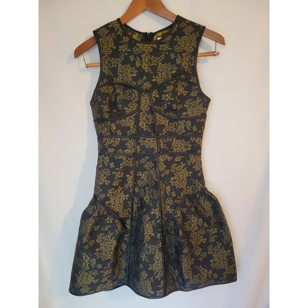 Petal + Pup XS Black Gold Green Floral Brocade Sleeveless Dress